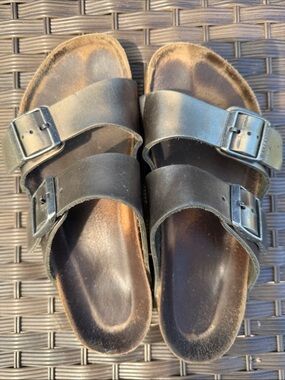 Birkenstock “metallic anthracite” Double Buckle Leather Slide Sandals, EU 39